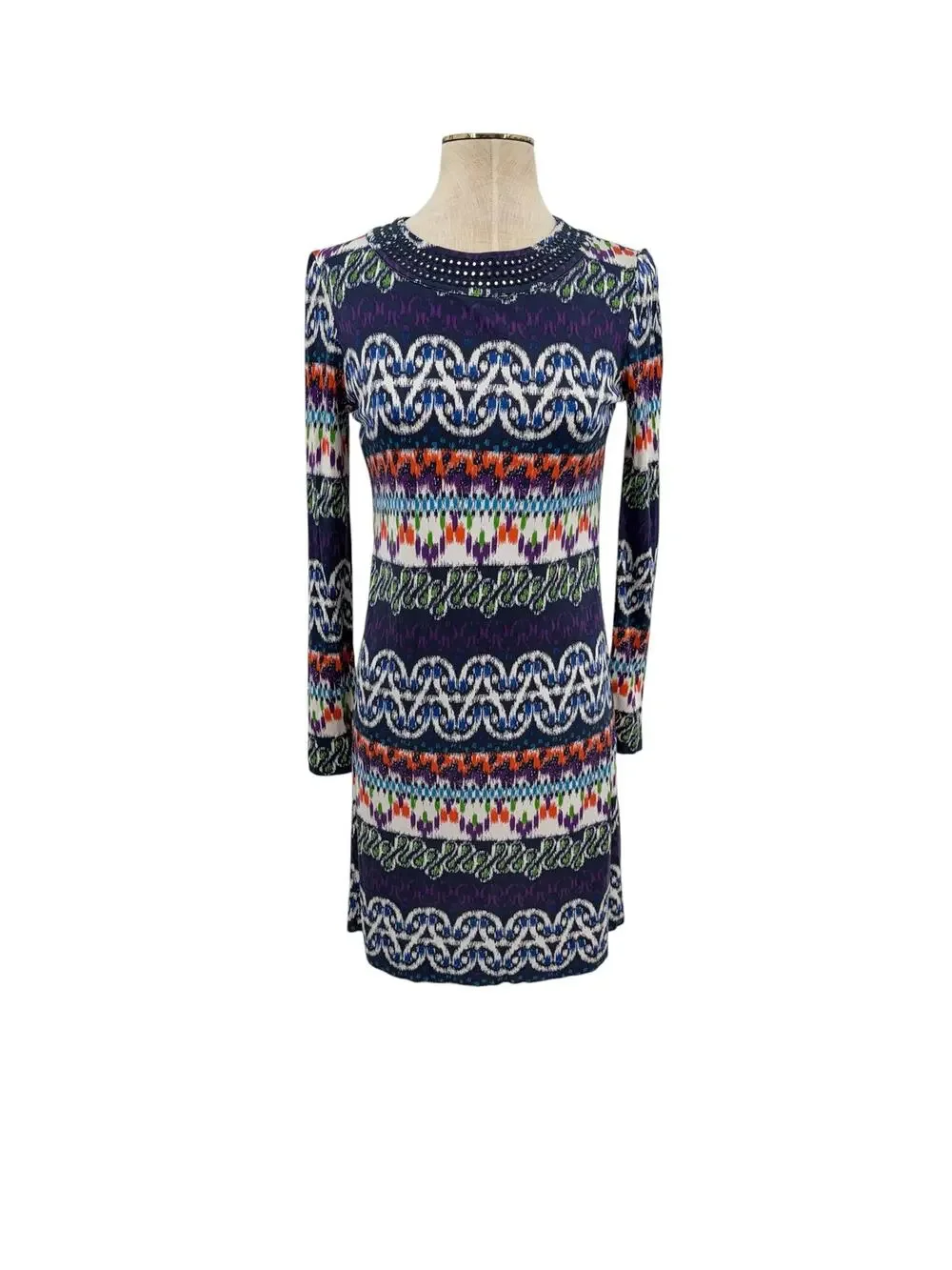 Tory Burch Silk Shift Dress Embellished Geometric Print Studded Neck XS